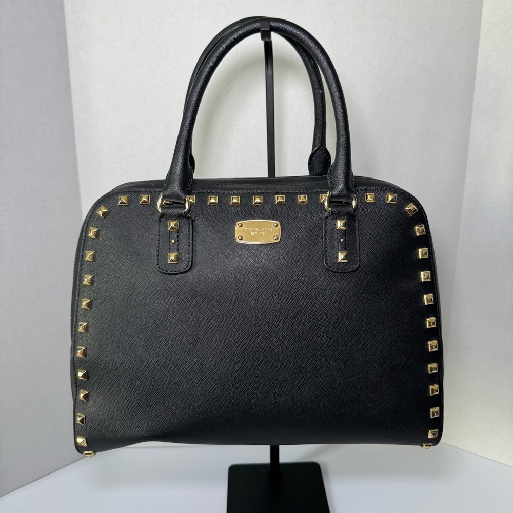 Michael Kors Sandrine Studded Satchel in Black Saffiano Leather w/ Gold Hardware